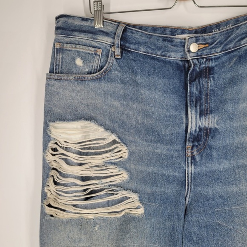 Good American The Khloe Jean Super High Rise Straight Distressed Blue‎ Sz 16 CUT - Picture 3 of 10